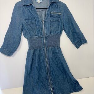 Blue Ice Womens Denim Zip Front Dress Petite Medium 3 4 Sleeve Stretch Waist